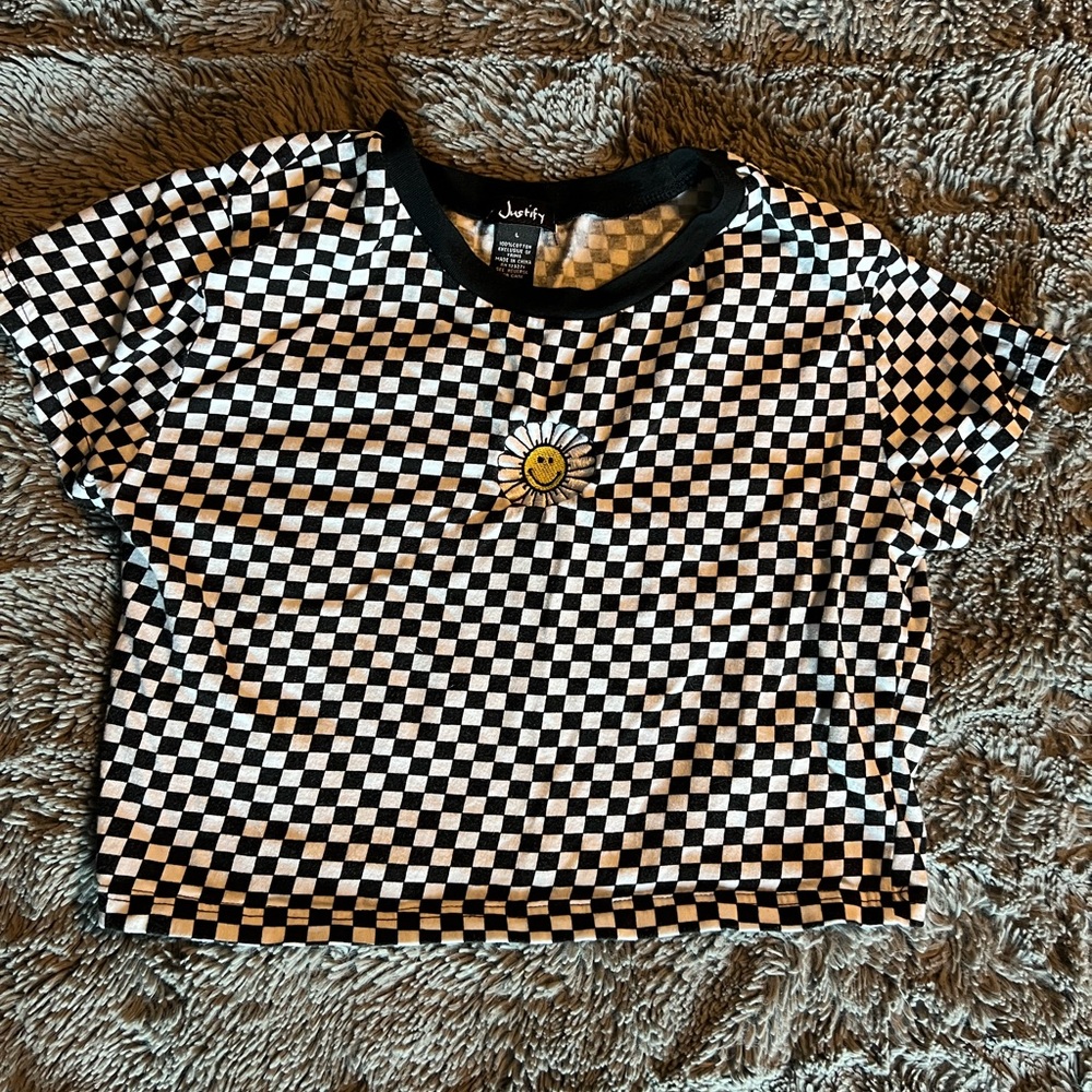 Justify retro crop top. Size large. Checked print with white and yellow flower.